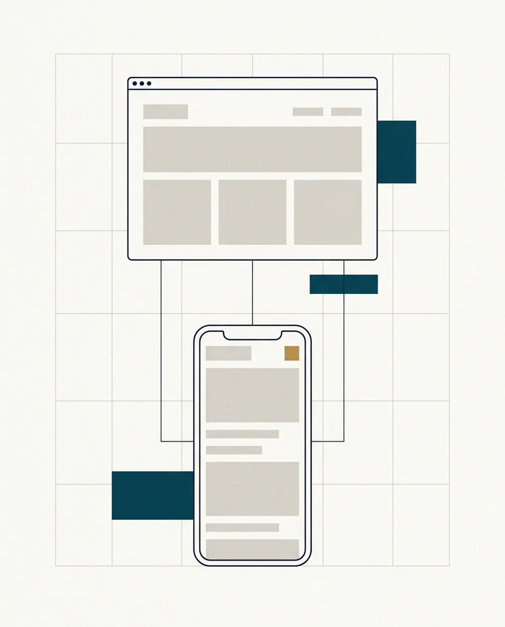 Schéma reliant la maquette d'une page de site à sa déclinaison sur
                    téléphone, étape par étape.