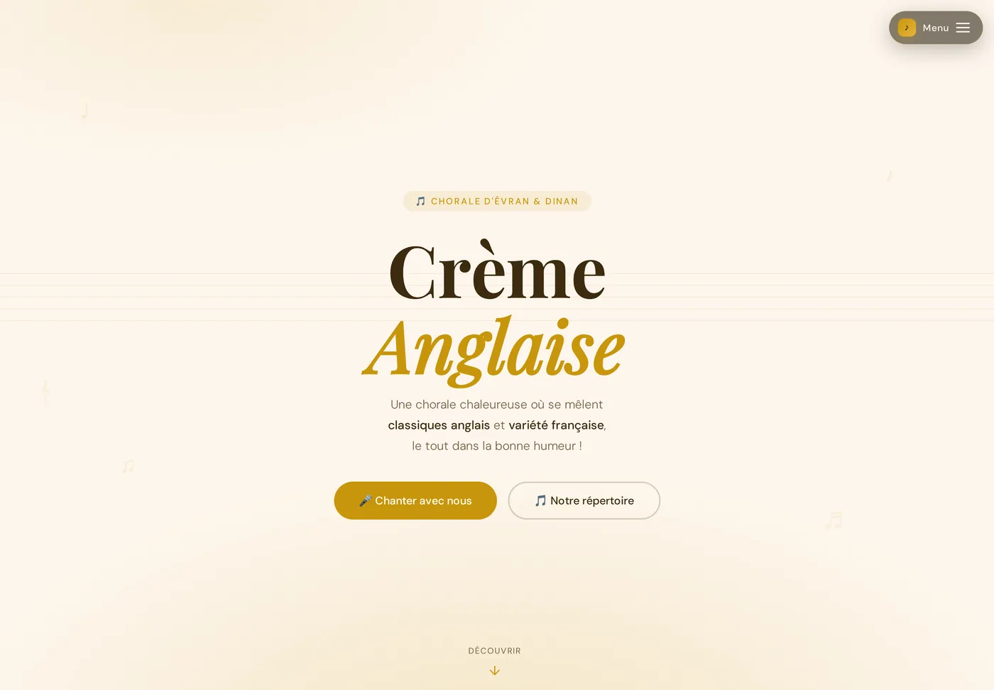 Page d'accueil du site de la chorale associative Crème Anglaise, secteur Évran et Dinan, réalisé par Web et Go